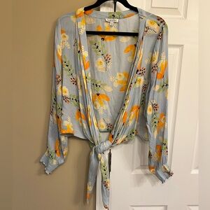Patrons of Peace Floral Tie-Front Women's Top - Blue and Orange, size M